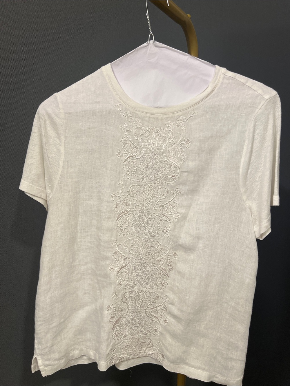 Tommy Bahama Cream Short-Sleeve Embroidered Linen Top